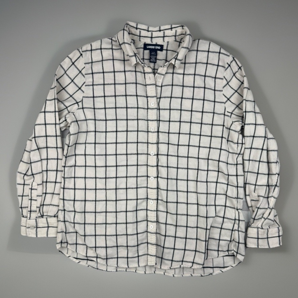 Lands End Windowpane Flannel Shirt Cotton Oversized Cozy L 14 16